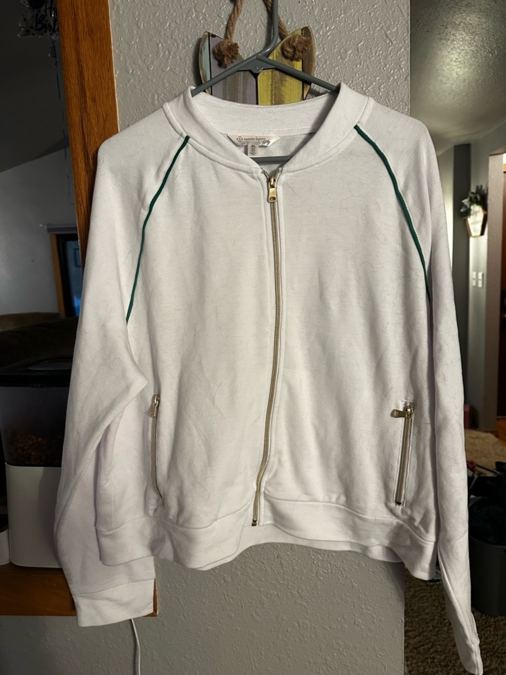 White Zip-Front Women’s Jacket with Green Piping